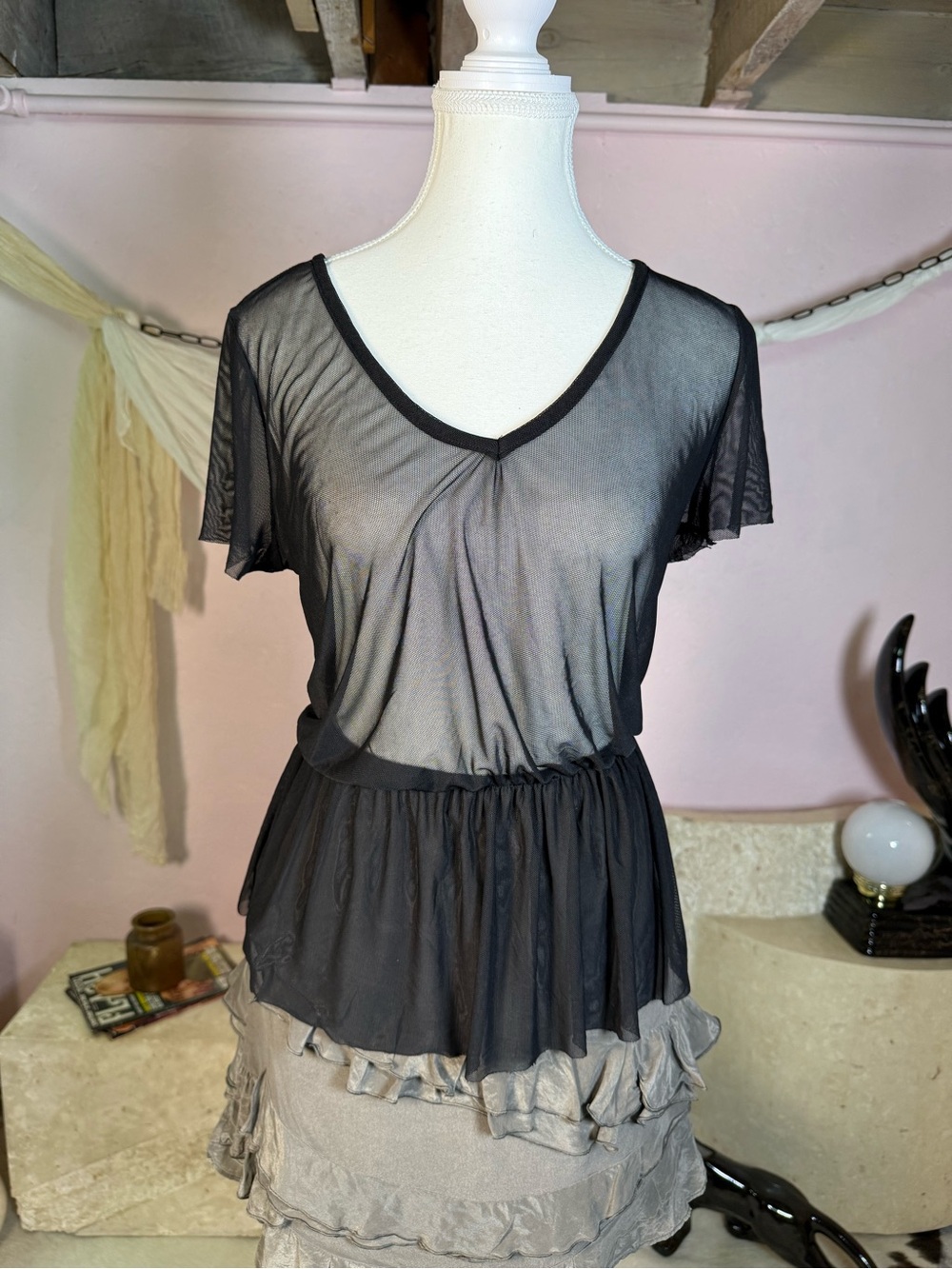 Black Sheer Mesh Peplum Top Y2K Romantic Goth Size M